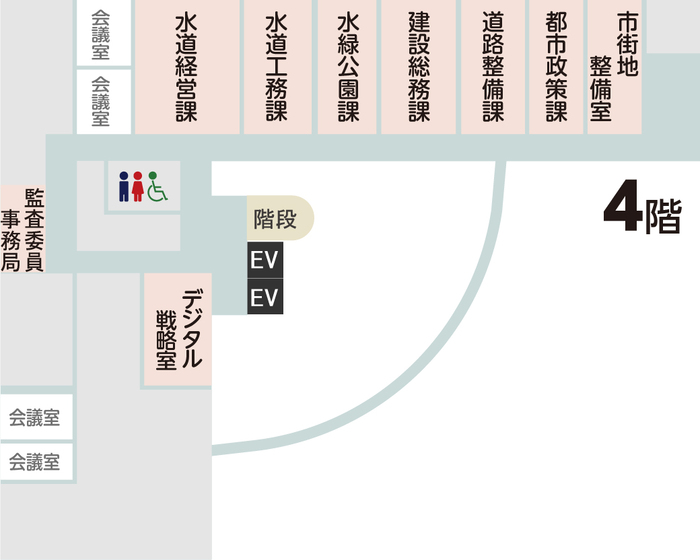 中心市街地整備室の配置図(中心市街地整備室は市役所4階です)