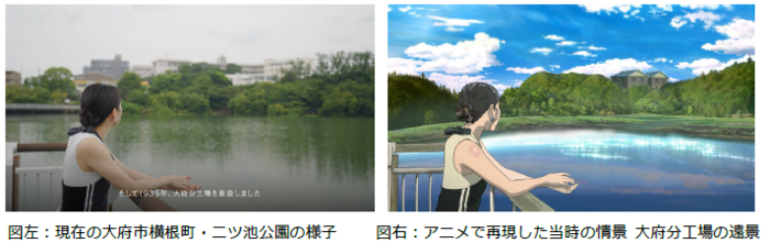 大府市横根町　二ツ池公園の様子とアニメで再現した当時の大府分工場の情景